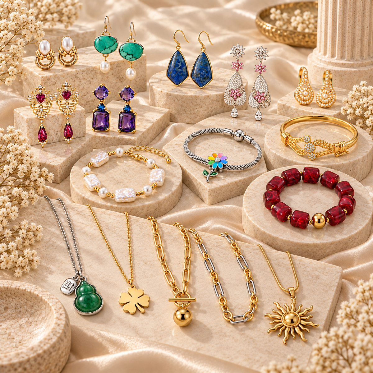 Mundo Joyas complete fashion jewelry collection featuring earrings, necklaces, and bracelets