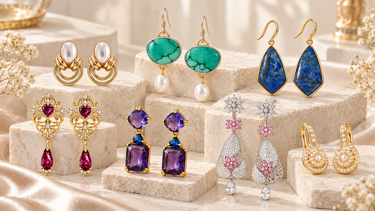 Mundo Joyas fashion earrings collection featuring elegant crystal and statement drop earrings