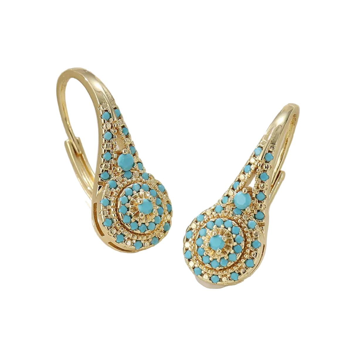 Blue crystal drop earrings with gold-tone statement design