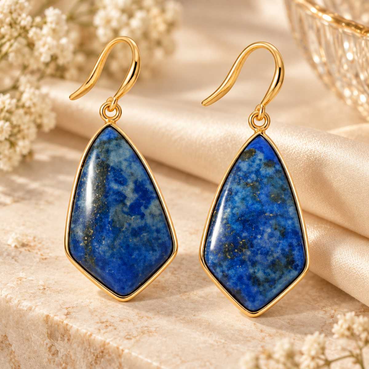 Blue stone drop earrings with geometric design and gold-tone setting on decorative background