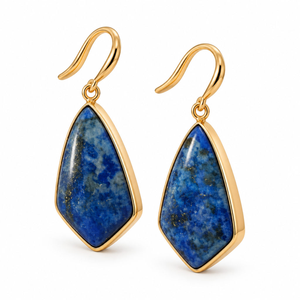 Blue stone drop earrings with geometric design and gold-tone setting on white background
