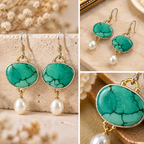 Close up view of turquoise stone earrings featuring gold tone frame and pearl drop detail