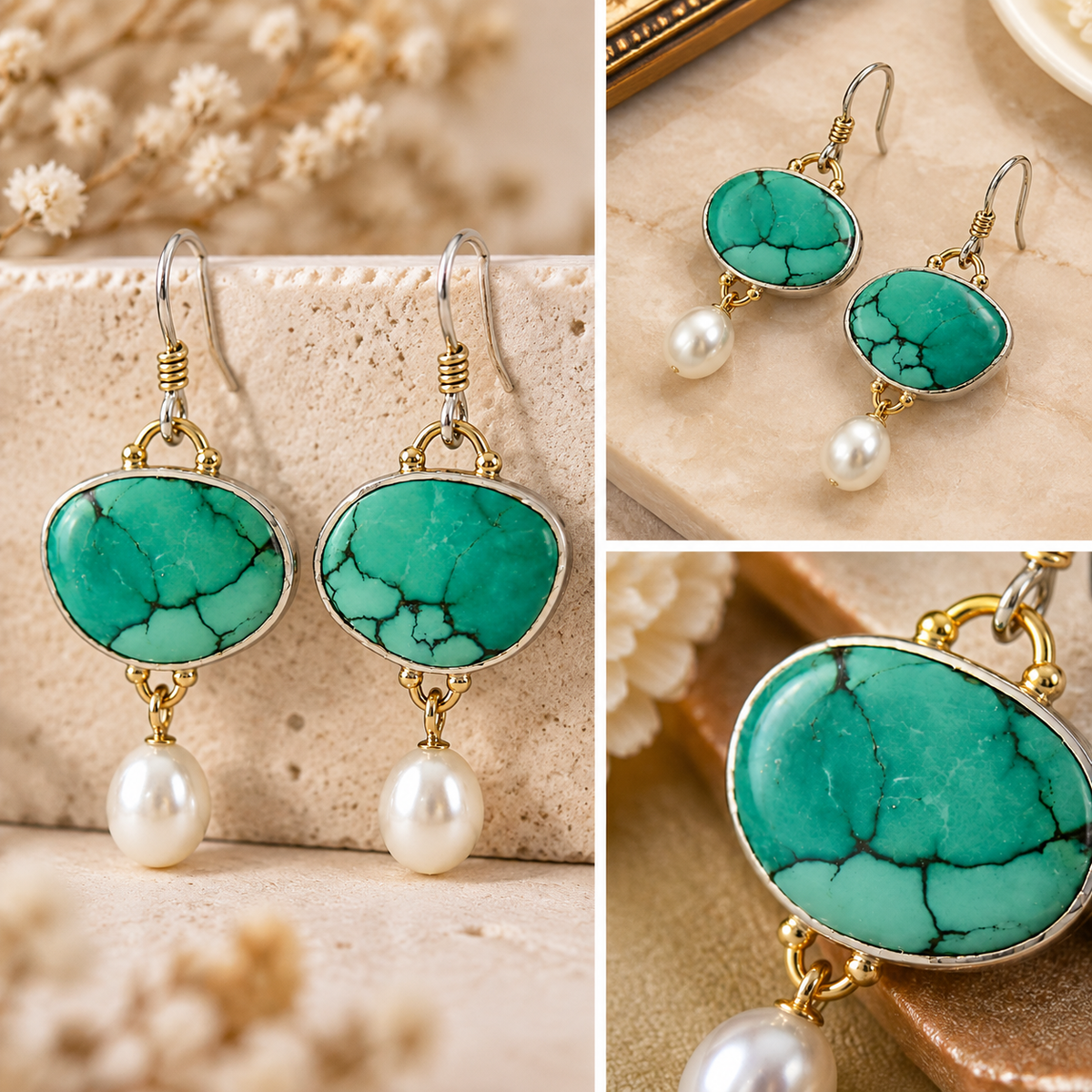 Close up view of turquoise stone earrings featuring gold tone frame and pearl drop detail
