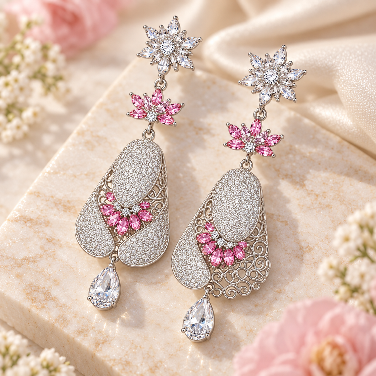 Floral pink crystal drop earrings with rhinestone details and elegant dangle design