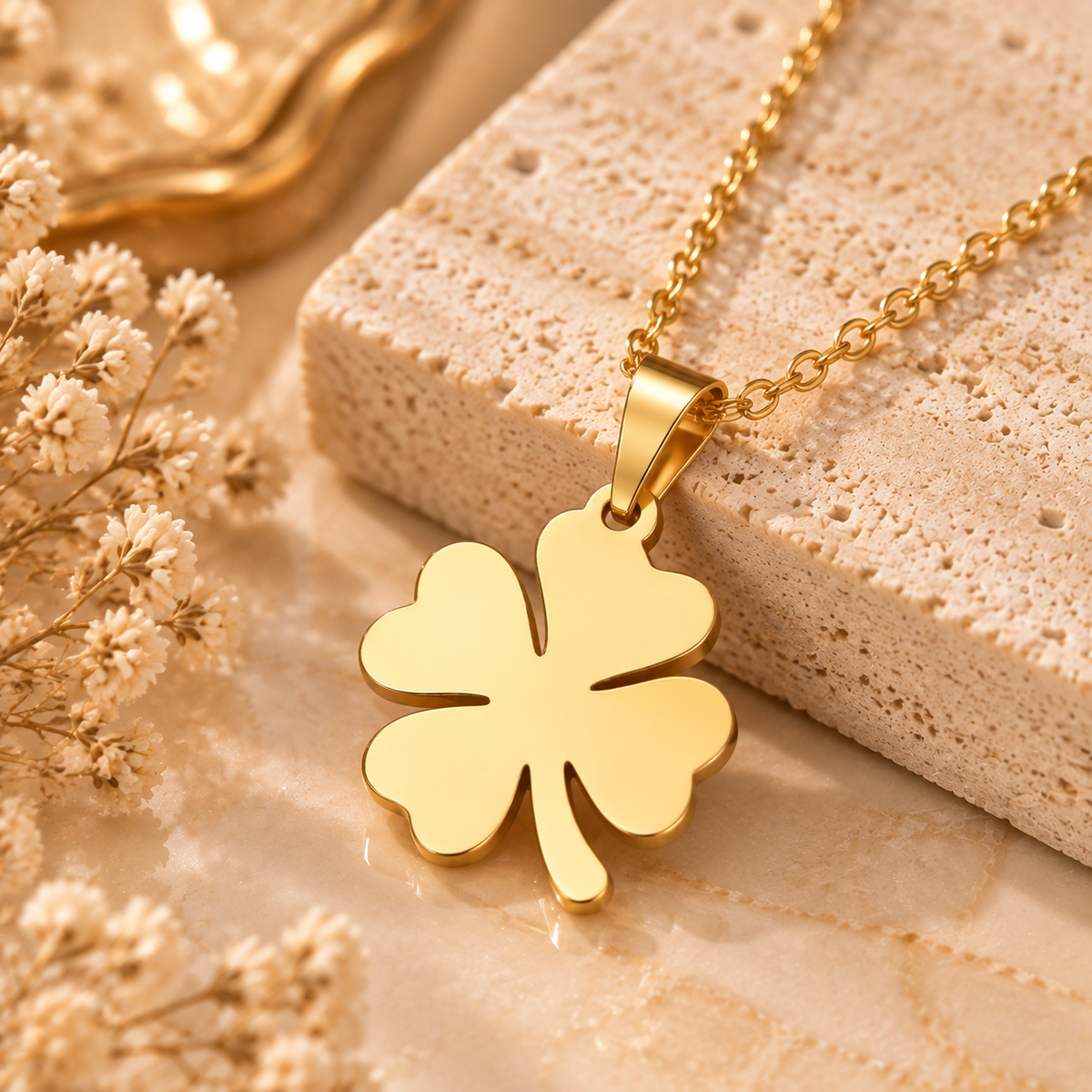 Close up view of stainless steel four leaf clover charm necklace with gold tone finish