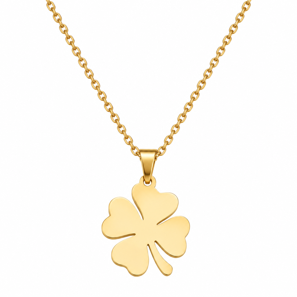 Gold tone four leaf clover pendant necklace with stainless steel chain on white background