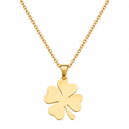 Gold tone four leaf clover pendant necklace with stainless steel chain on white background