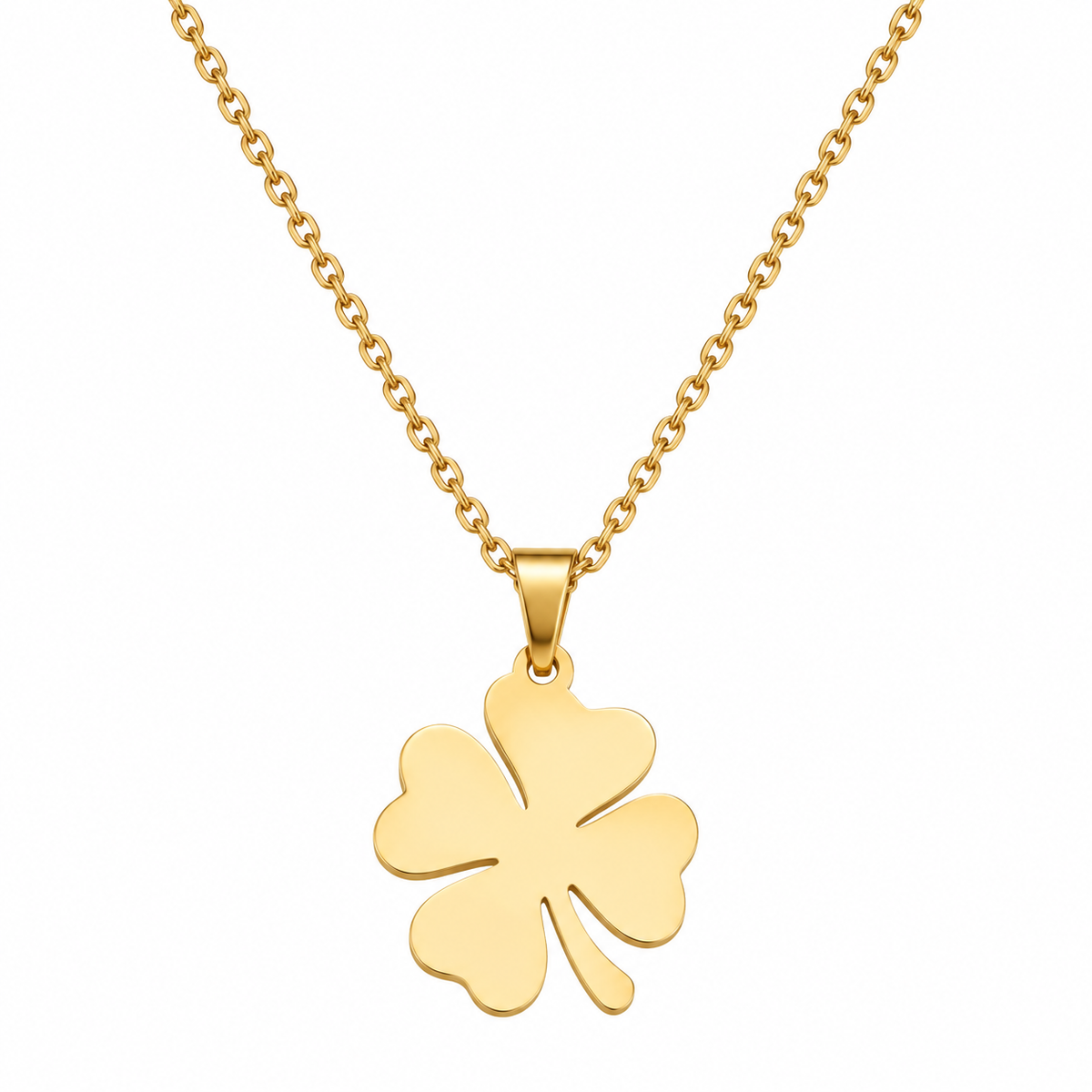 Gold tone four leaf clover pendant necklace with stainless steel chain on white background