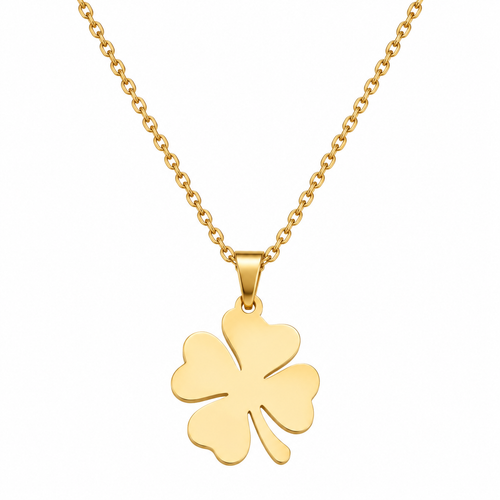 Gold tone four leaf clover pendant necklace with stainless steel chain on white background