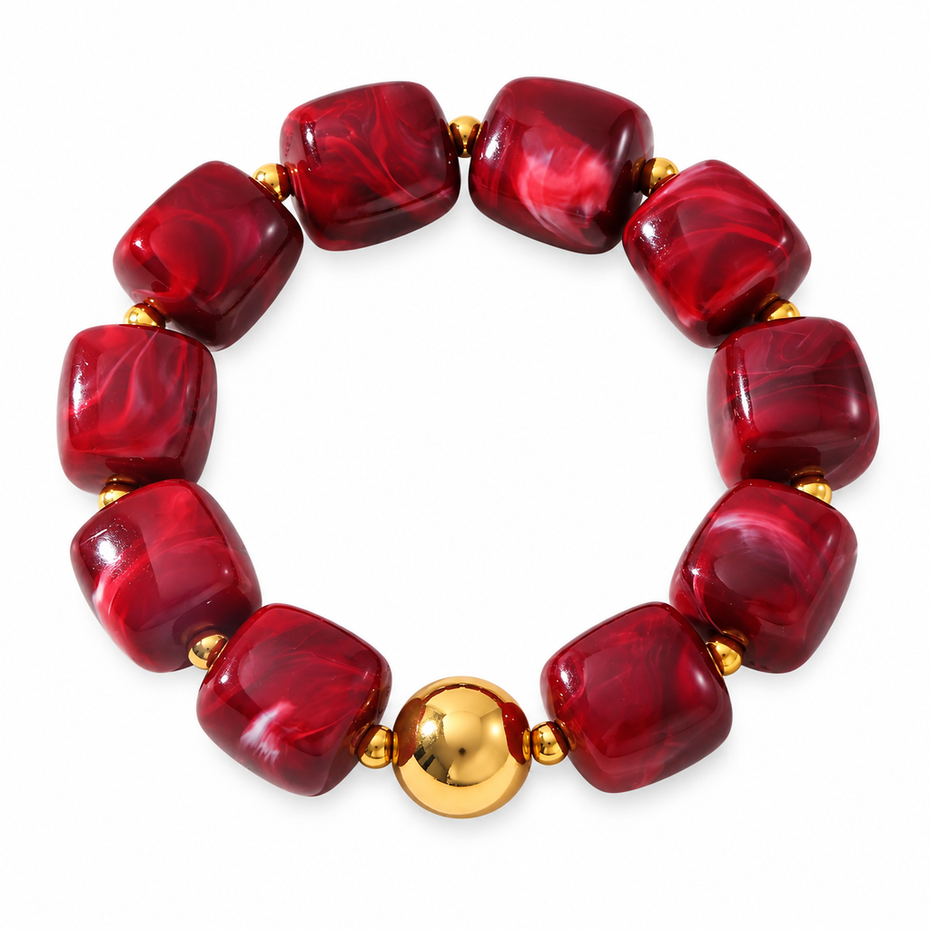 Geometric beaded bracelet with red acrylic beads and stainless steel details for women