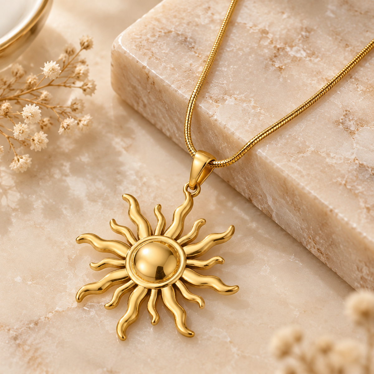 Gold sunburst charm pendant necklace with snake chain displayed on soft beige background