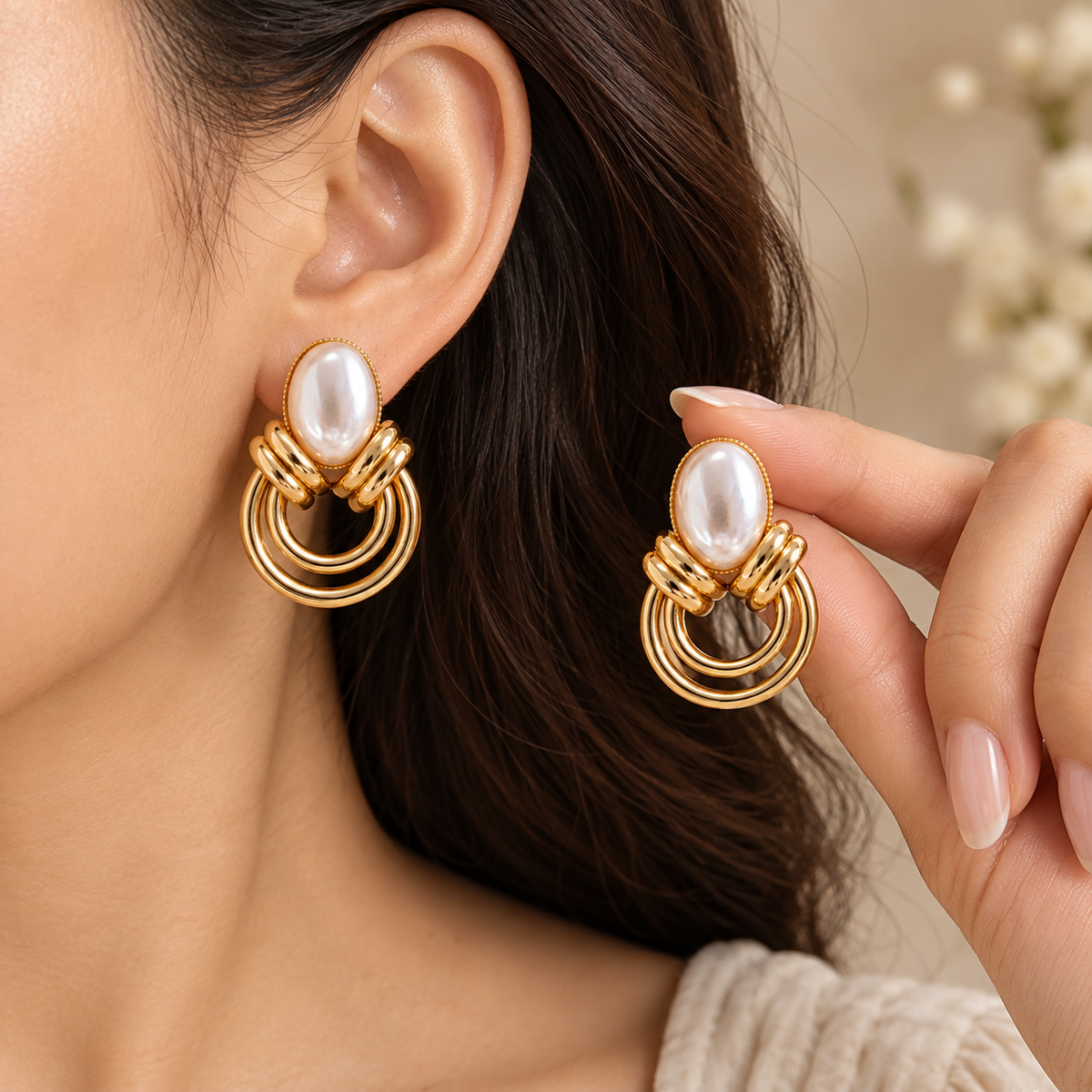 Gold-tone pearl drop earrings worn on a woman's ear