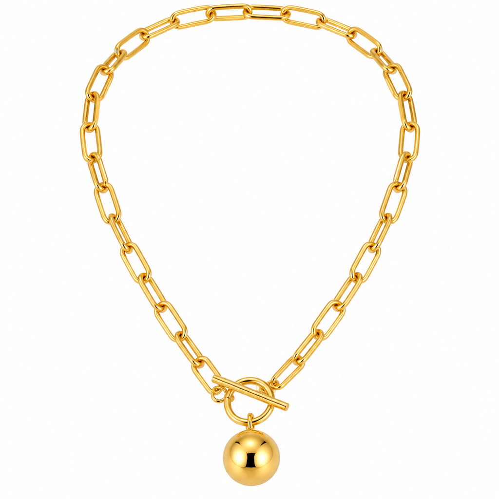 Gold tone stainless steel paperclip chain necklace with round sphere ball pendant and toggle clasp