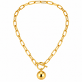 Gold tone stainless steel paperclip chain necklace with round sphere ball pendant and toggle clasp