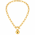 Gold tone stainless steel paperclip chain necklace with round sphere ball pendant and toggle clasp