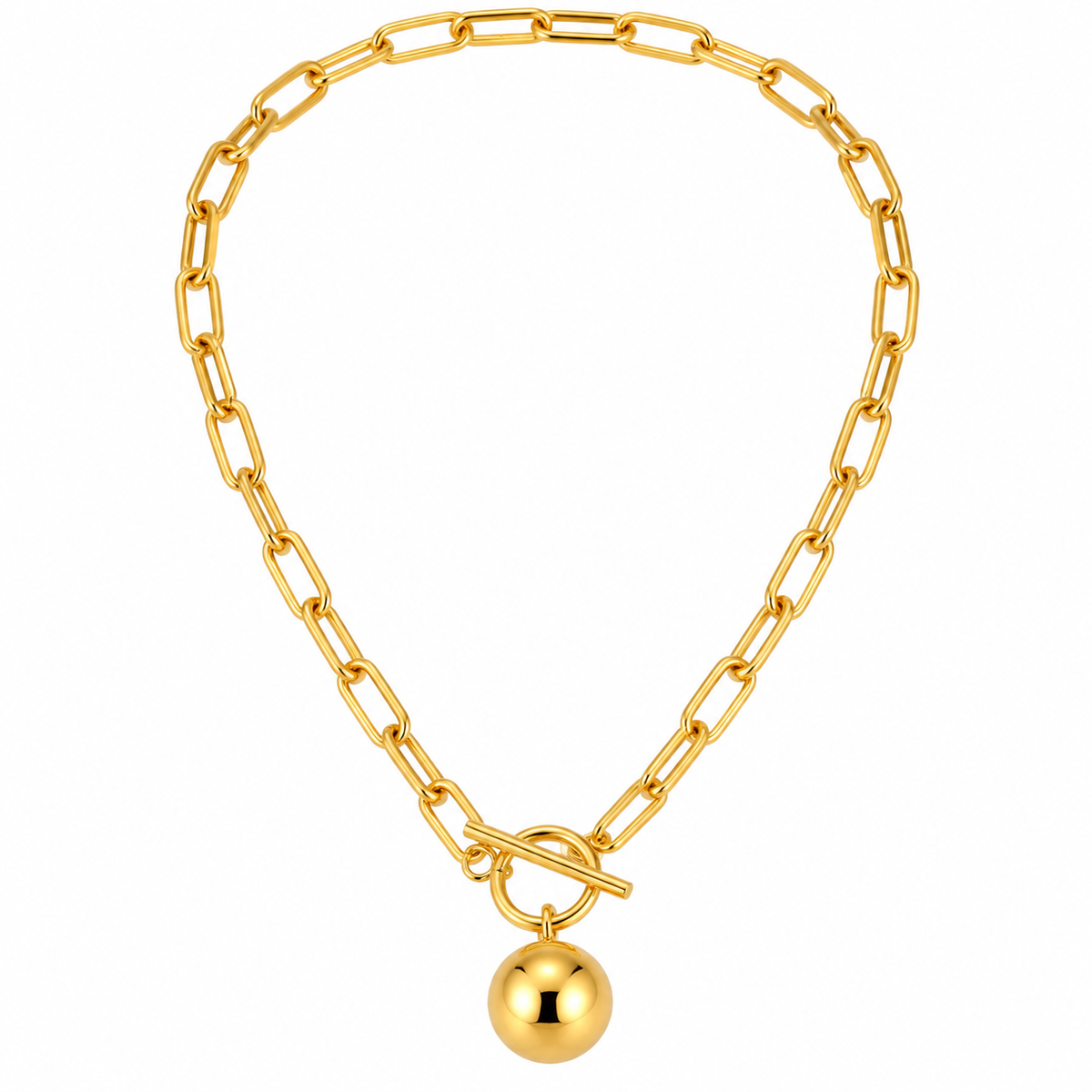 Gold tone stainless steel paperclip chain necklace with round sphere ball pendant and toggle clasp