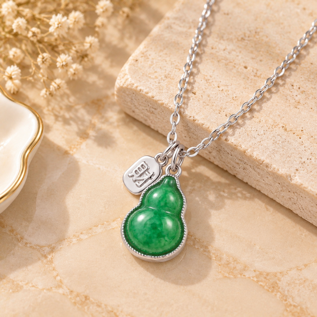 Green gourd charm necklace displayed on beige marble background with silver tone chain detail