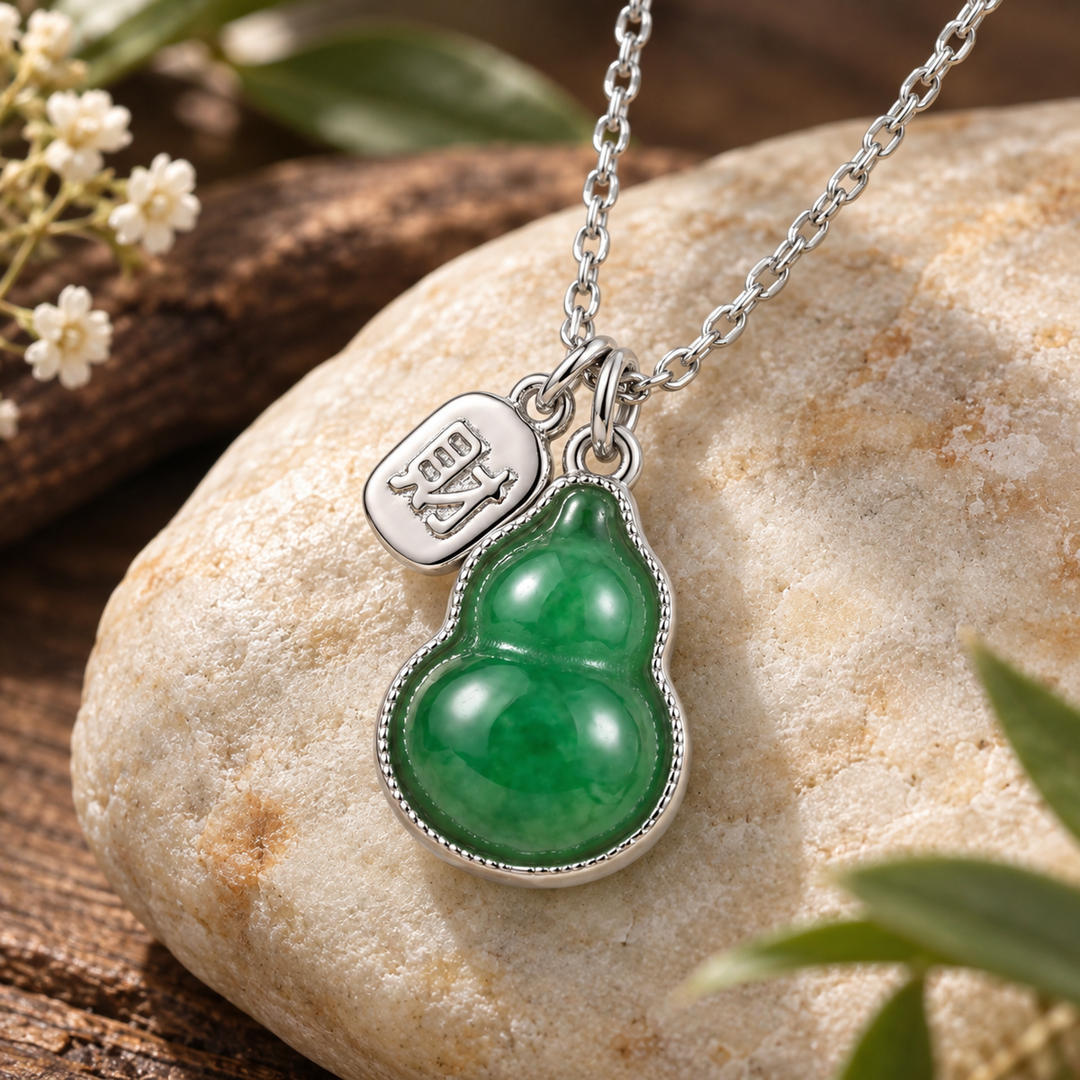Close up view of green gourd pendant necklace with decorative charm and silver tone finish
