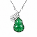 Green gourd pendant necklace with jade style charm and silver tone chain on white background