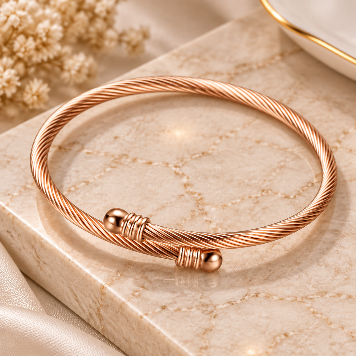 Rose gold geometric cuff bracelet side angle view showing polished titanium steel finish