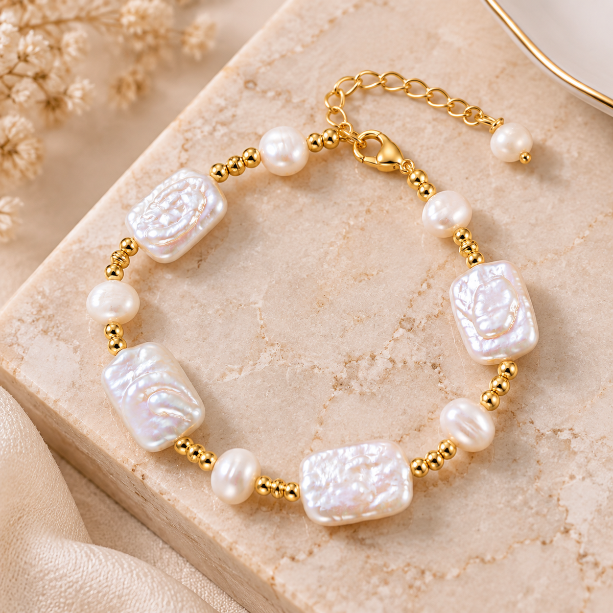 Natural pearl bracelet with gold tone details displayed on elegant beige background