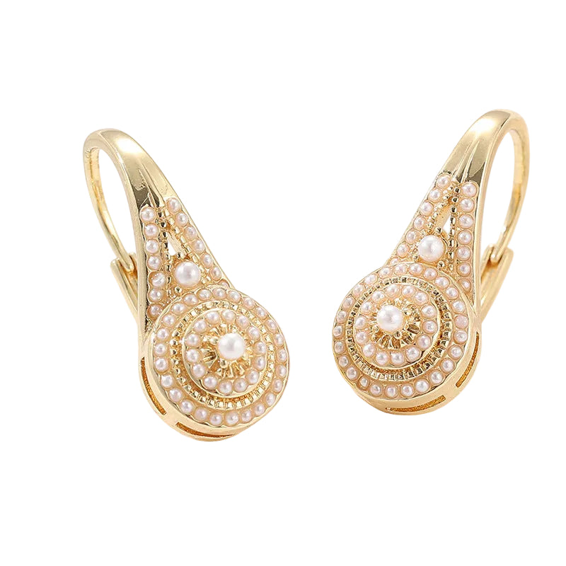 Pearl white crystal drop earrings with elegant gold-tone design