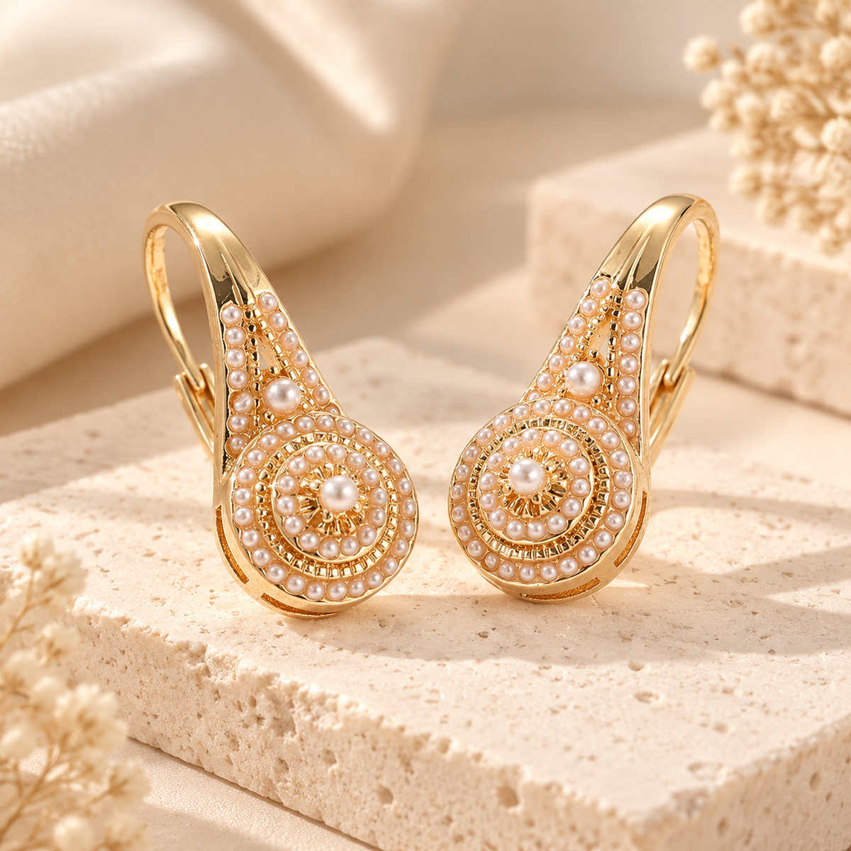 Pearl white drop earrings with gold-tone finish and elegant circular detail design
