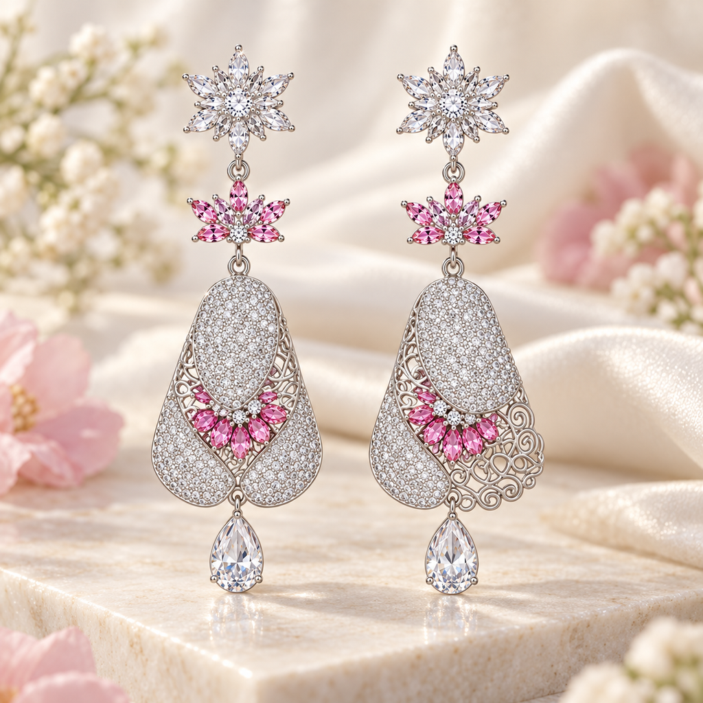 Pink crystal floral dangle earrings with rhinestone details and elegant drop design