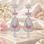 Pink crystal floral dangle earrings with rhinestone details and elegant drop design
