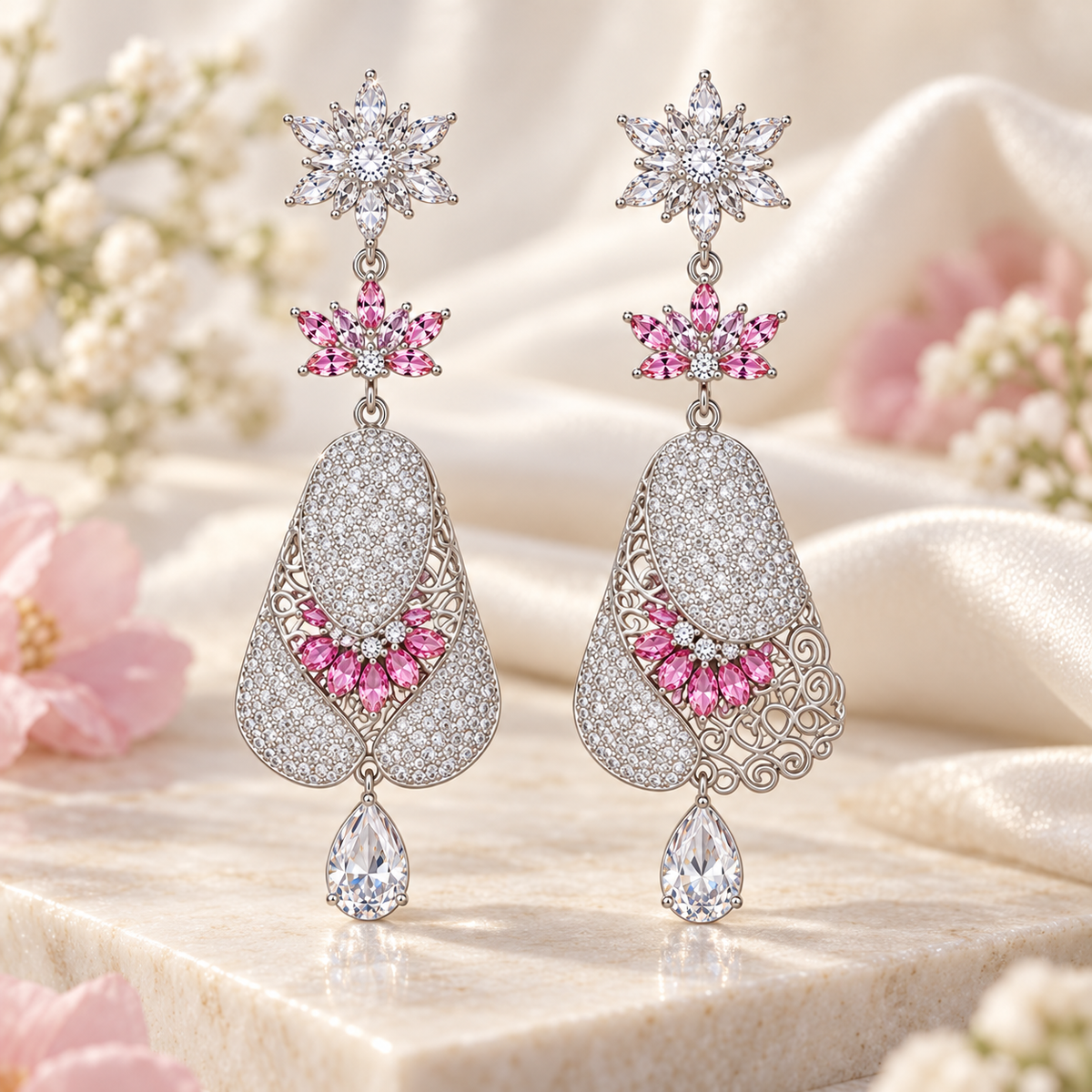 Pink crystal floral dangle earrings with rhinestone details and elegant drop design