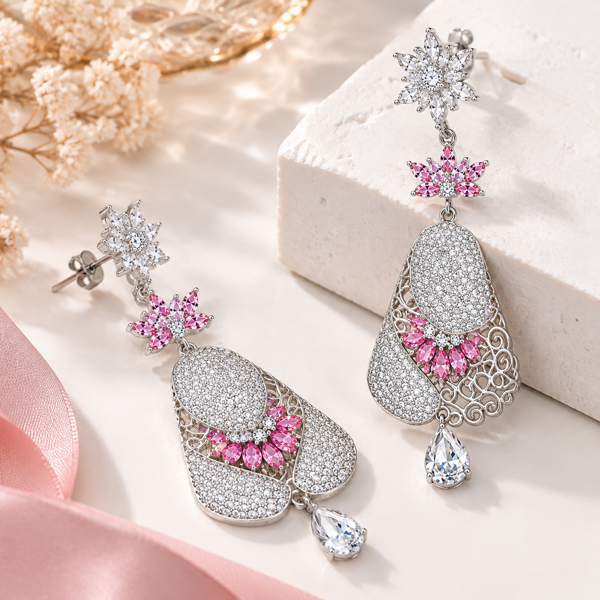 Elegant pink crystal floral earrings with rhinestone accents and statement fashion jewelry style