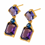 Purple crystal drop earrings with gold-tone finish and double stone statement design