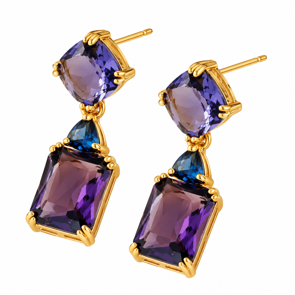 Purple crystal drop earrings with gold-tone finish and double stone statement design