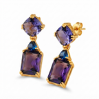Double purple crystal drop earrings with gold-tone details and elegant fashion design