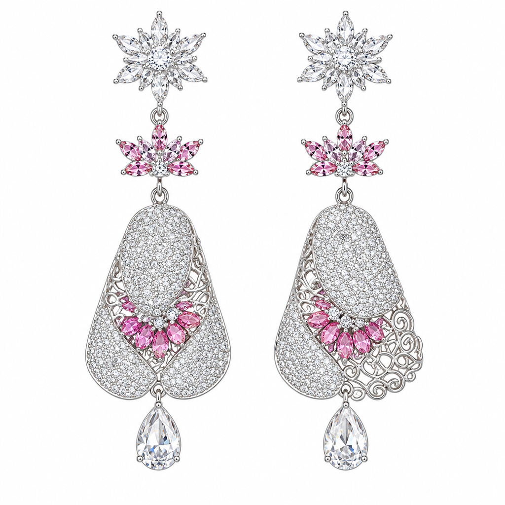Silver floral drop earrings with pink crystal details and rhinestone fashion jewelry design
