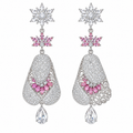 Silver floral drop earrings with pink crystal details and rhinestone fashion jewelry design