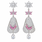 Silver floral drop earrings with pink crystal details and rhinestone fashion jewelry design