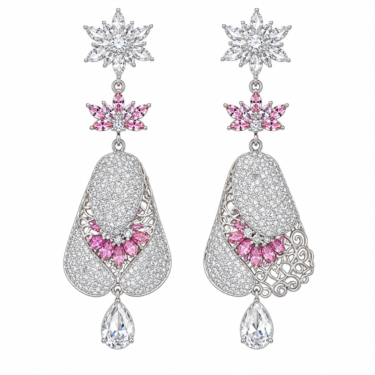Silver floral drop earrings with pink crystal details and rhinestone fashion jewelry design