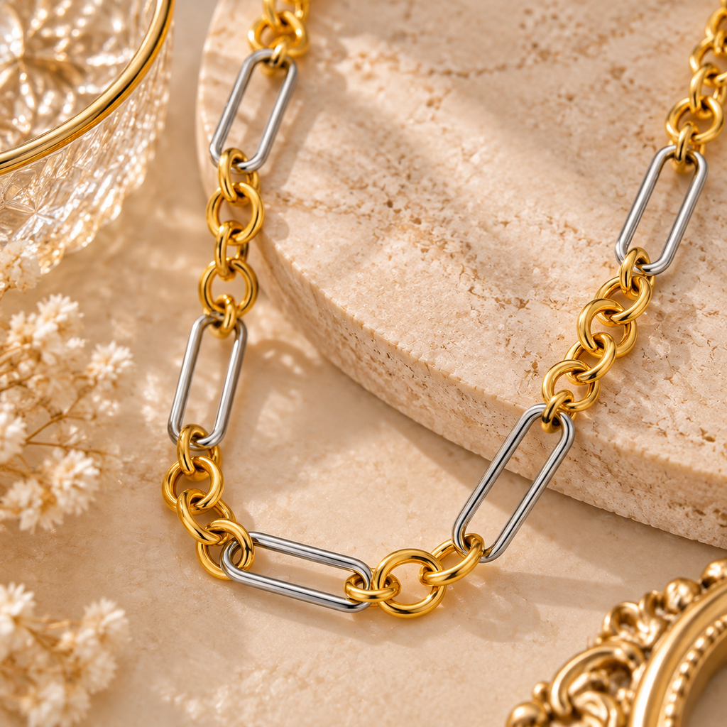 Close up view of gold tone and silver stainless steel chain necklace link details