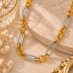 Close up view of gold tone and silver stainless steel chain necklace link details