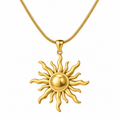 Gold tone stainless steel sun pendant necklace with sunburst charm on white background