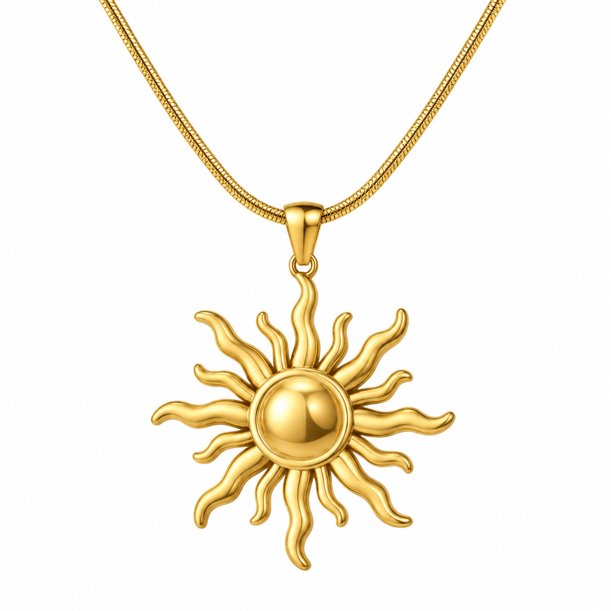 Gold tone stainless steel sun pendant necklace with sunburst charm on white background