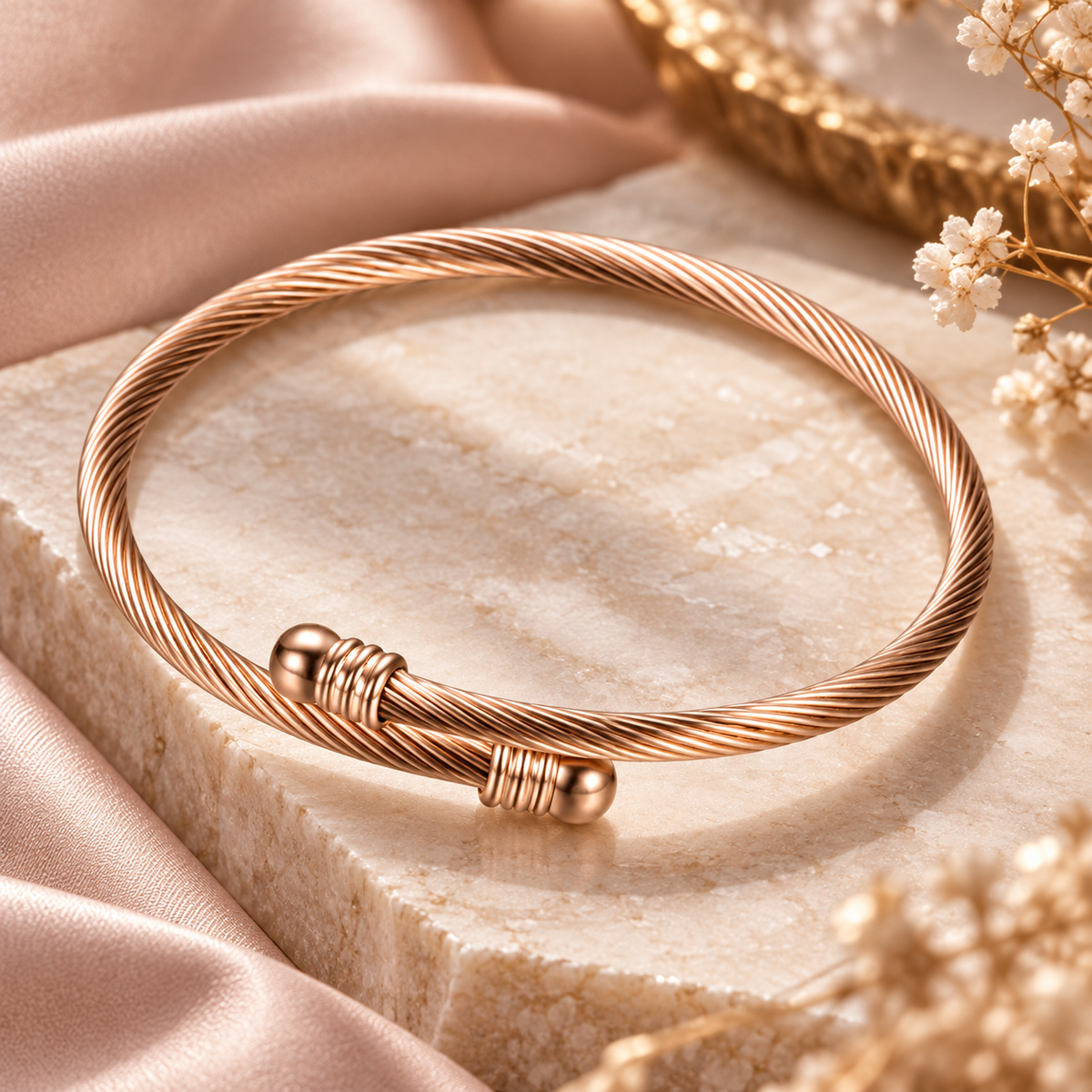 Close-up view of rose gold titanium steel bracelet with simple geometric texture