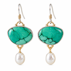 Turquoise stone and faux pearl drop earrings with gold tone setting on white background