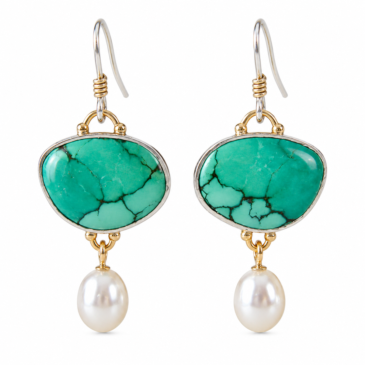 Turquoise stone and faux pearl drop earrings with gold tone setting on white background