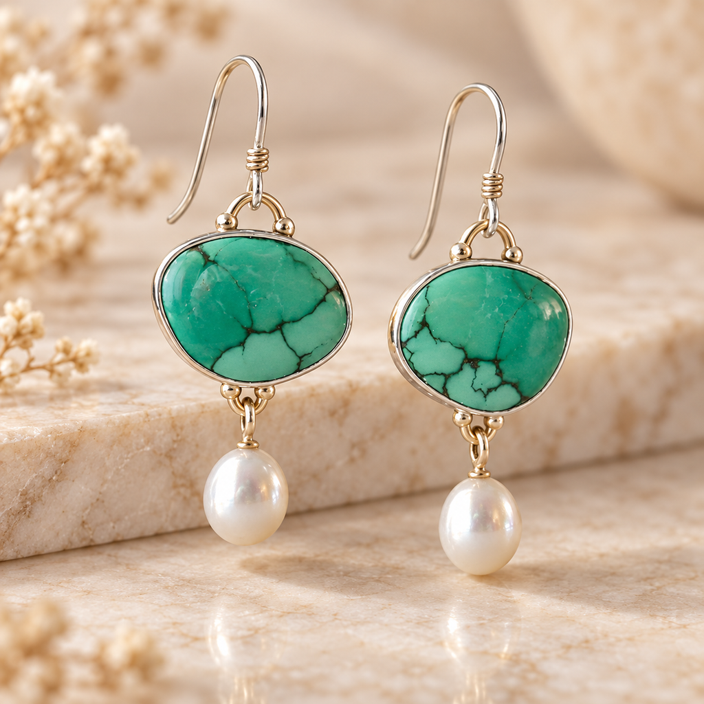 Elegant turquoise gemstone drop earrings with pearl accents displayed on a soft beige background