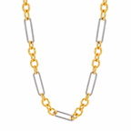 Two tone stainless steel chain necklace with gold and silver geometric link design for women
