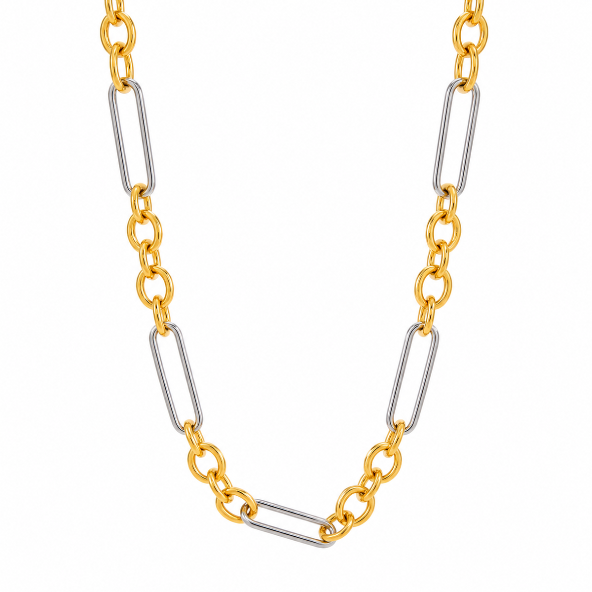 Two tone stainless steel chain necklace with gold and silver geometric link design for women