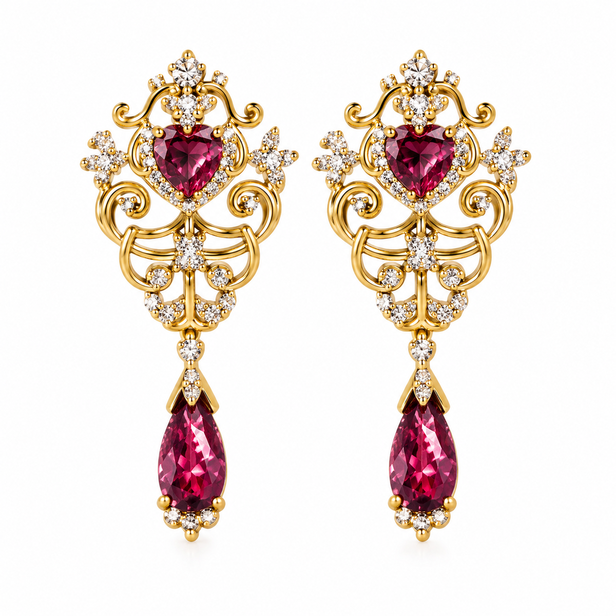 Vintage heart crystal dangle earrings with rhinestone details and decorative drop design