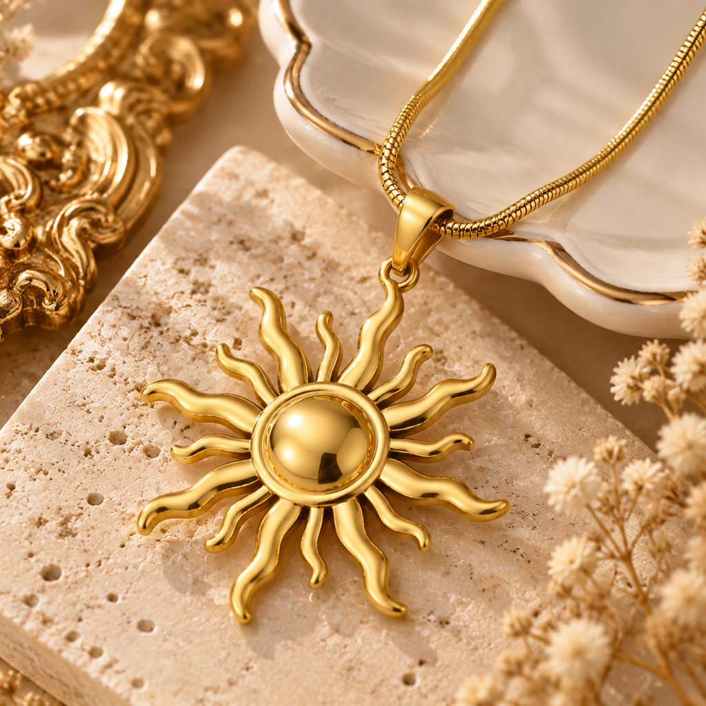 Close up view of vintage sun pendant necklace showing detailed sunburst charm design and gold finish